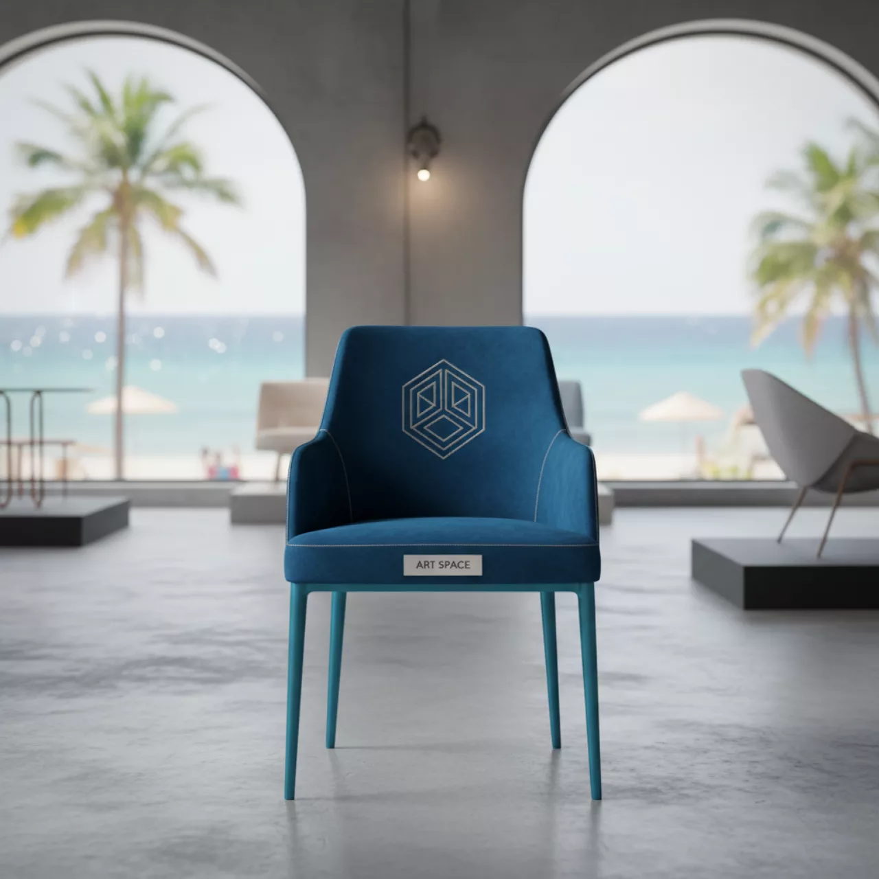 Аренда Стул Olys велюр Connect ножки металл RAL с вышивкой в пляжном клубе Del Mar — ART SPACE