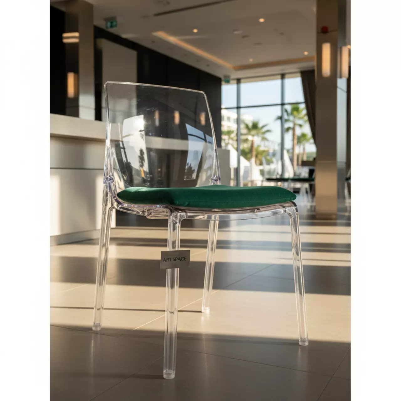 Аренда Стул прозрачный РУФФО с изумрудной бархатной подушкой в Mantera Supreme — ART SPACE