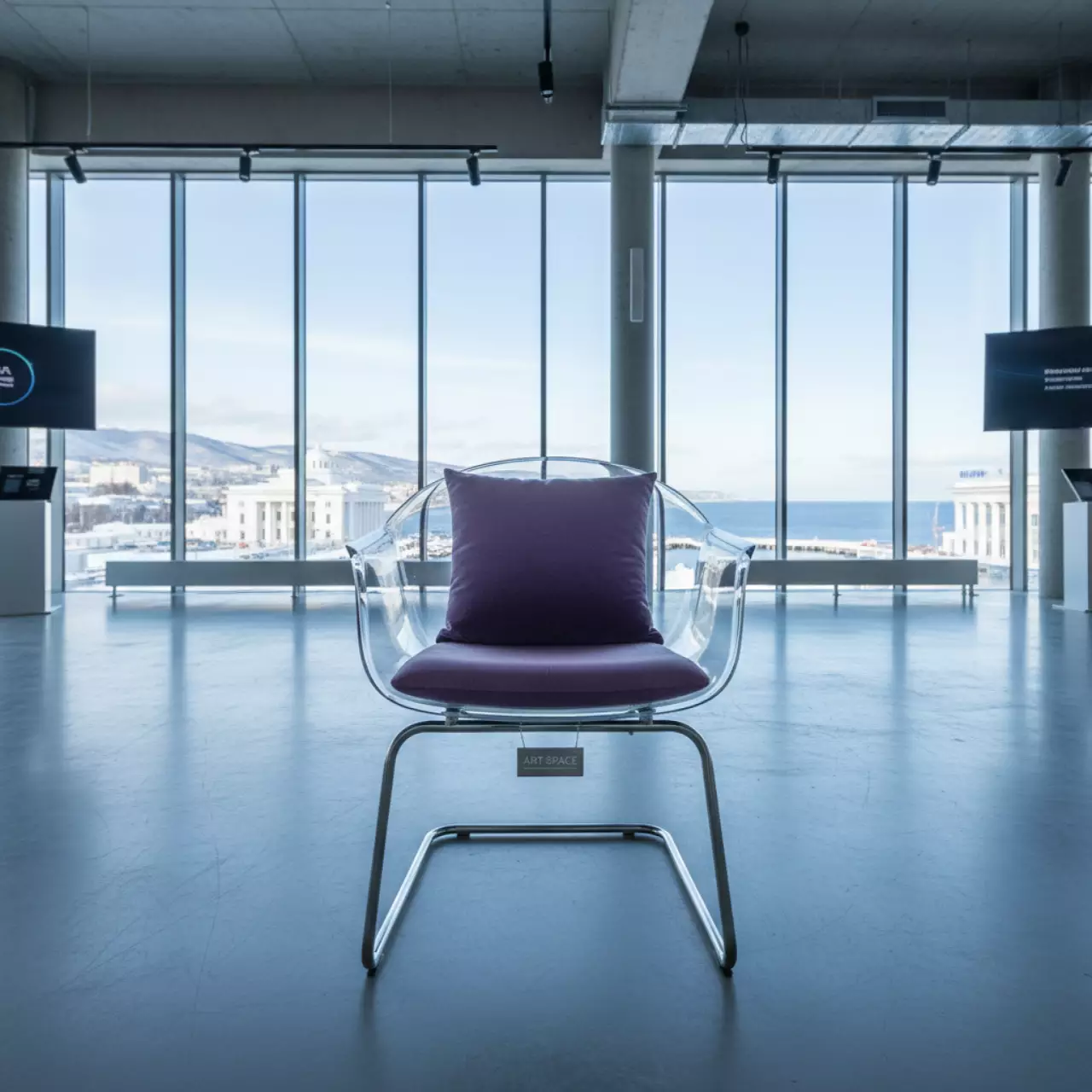 Аренда Стул прозрачный РУФФО с лавандовой бархатной подушкой на территории Морпорта Сочи — ART SPACE