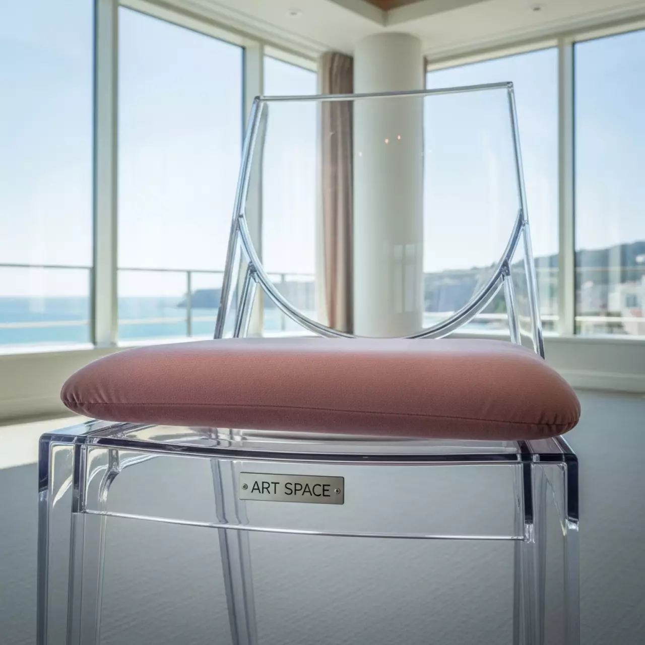 Аренда Стул прозрачный RUFFO с розовой бархатной подушкой в Grand Karat Sochi — ART SPACE