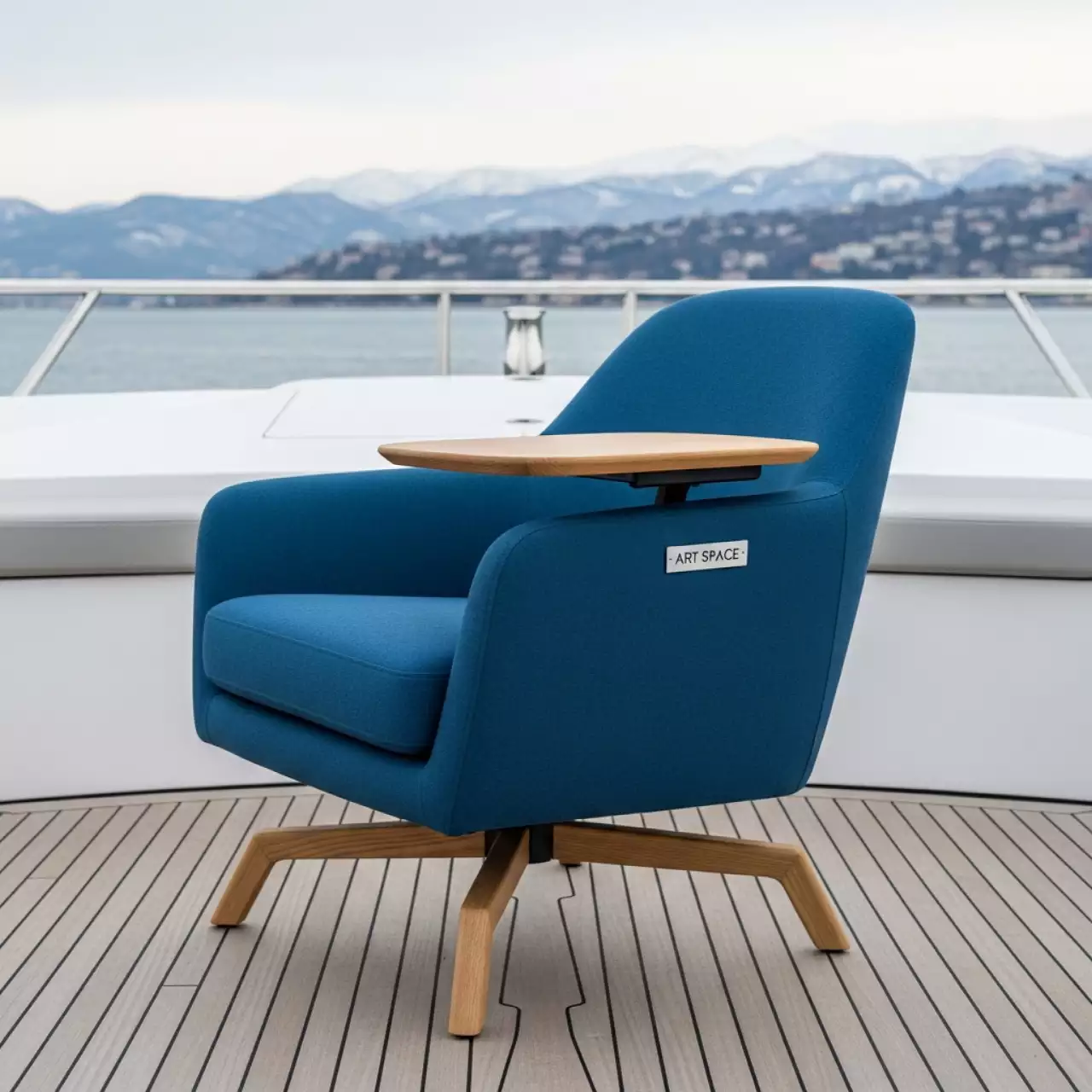 Аренда Стул с подлокотниками и столиком Vicenza голубой на VIP теплоходе (Морпорт Сочи) — ART SPACE