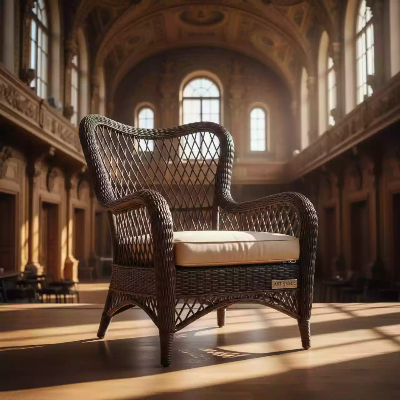 Аренда Стул с подлокотниками из искусственного ротанга Милан с подушкой бежевый в Зале органной и камерной музыки — ART SPACE
