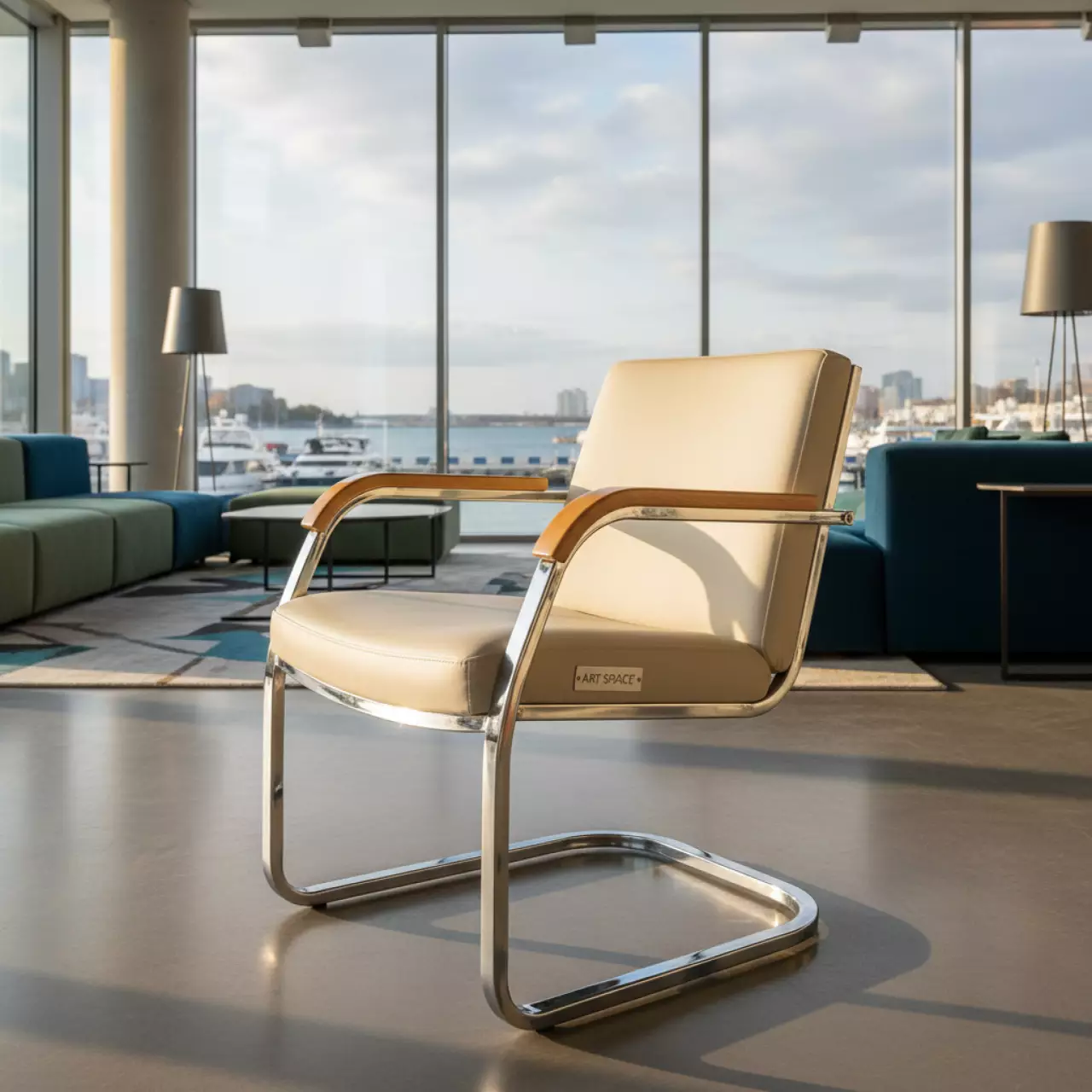 Аренда Стул Самба экокожа Cream каркас хром подлокотники бук на территории Морпорта Сочи — ART SPACE