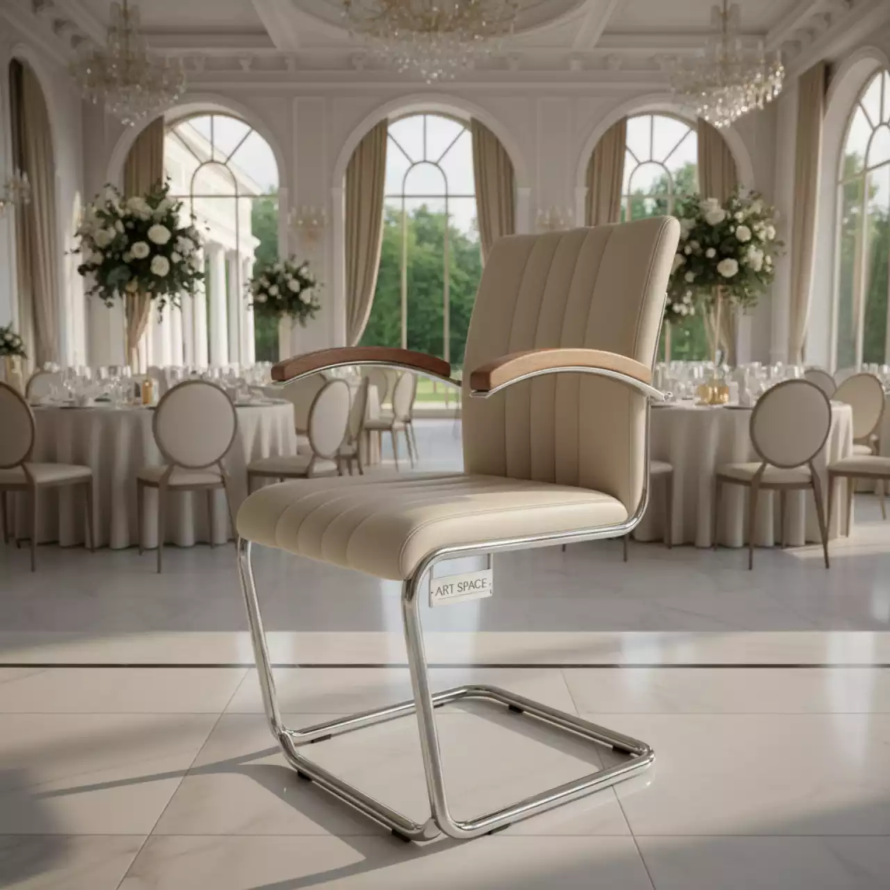 Аренда Стул Самба кожзам Nitro Beige каркас хром гальваника подлокотники светлый орех в санатории «Русь» — ART SPACE