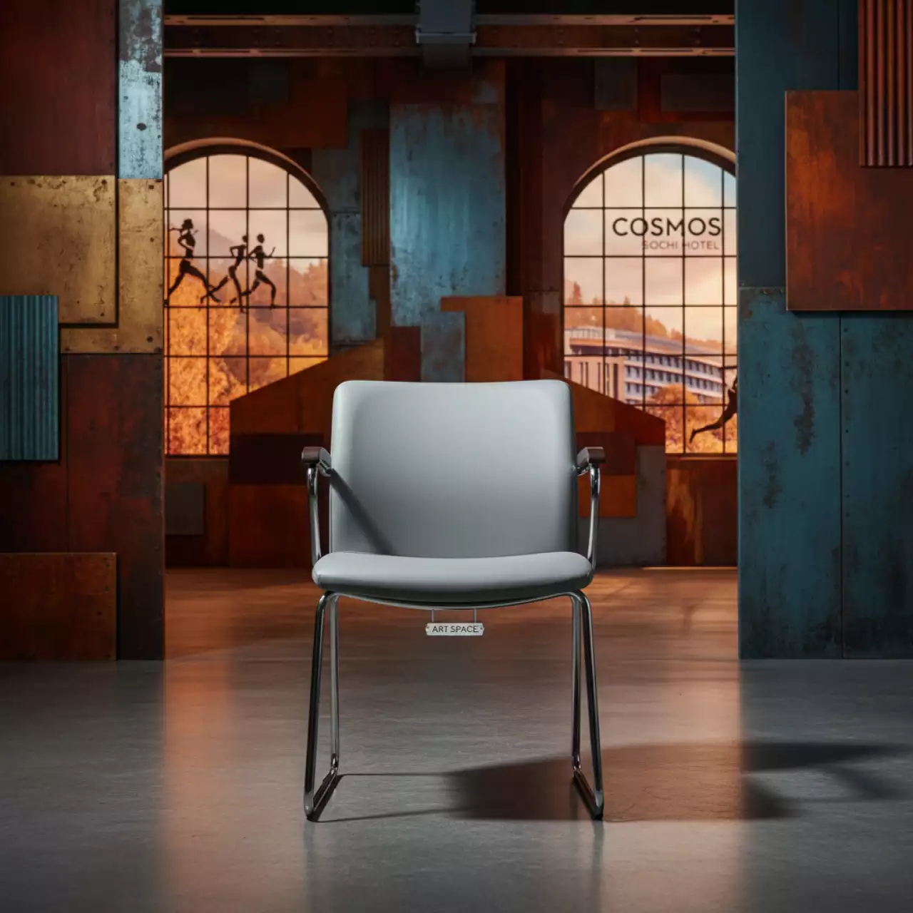 Аренда Стул Самба серая экокожа Light Grey каркас хром подлокотники бук венге в Cosmos Sochi Hotel — ART SPACE