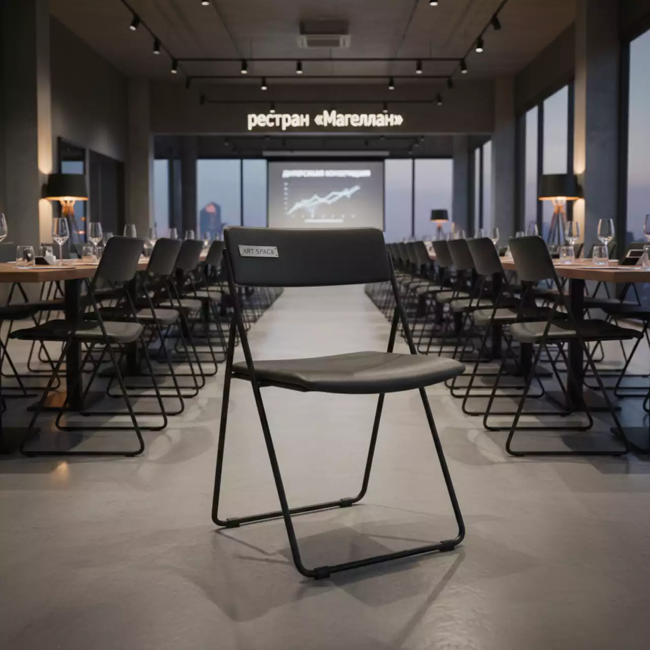 Аренда Стул складной Джонни экокожа черный матовый каркас в ресторане «Магеллан» — ART SPACE