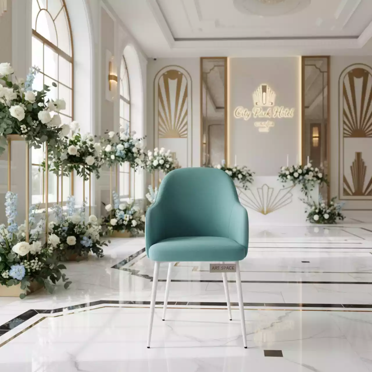 Аренда Стул Тони аквамарин вельвет белый ножки белые в City Park Hotel Sochi — ART SPACE