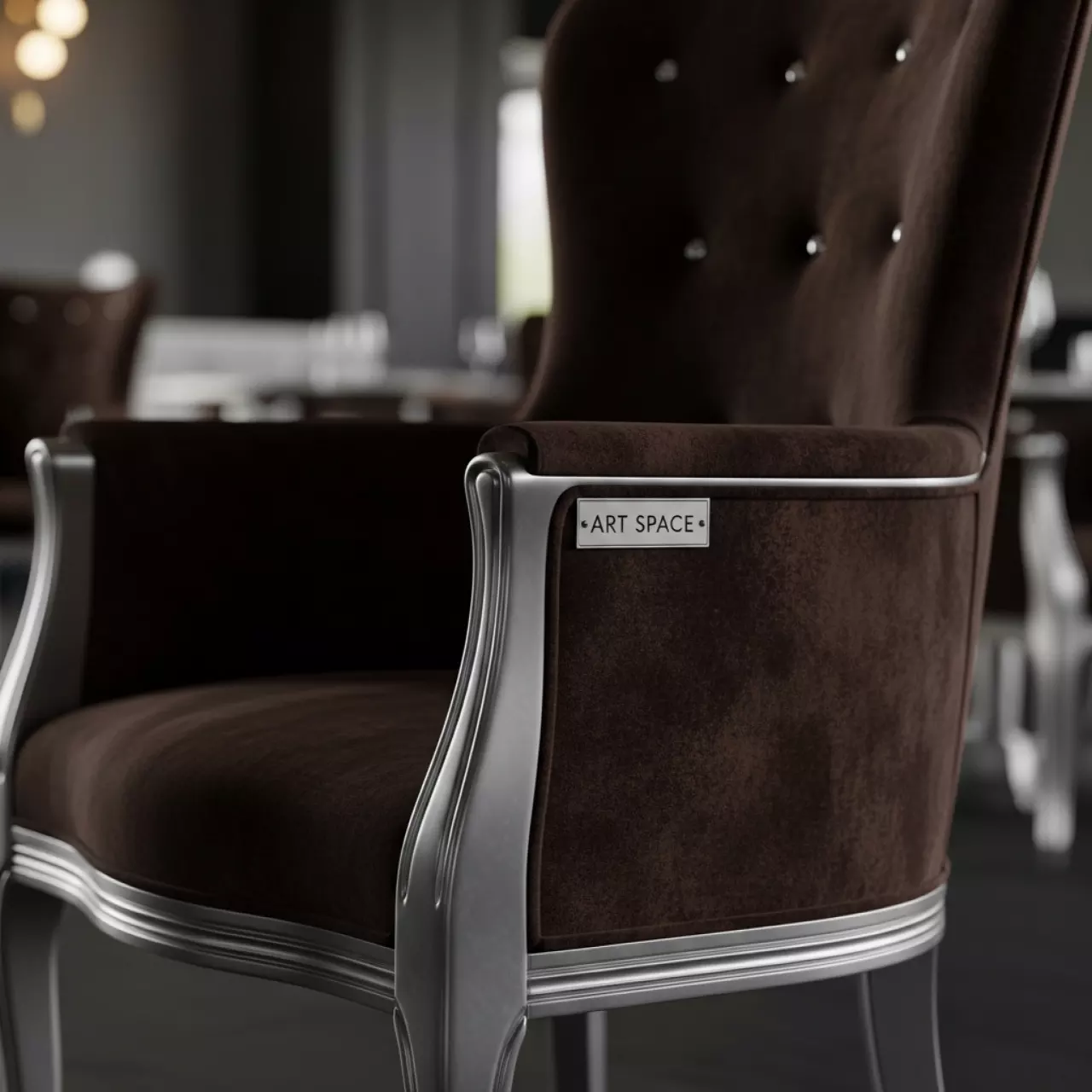 Аренда Стул Тотем серебряный бархатный цвет горький шоколад в ресторане «Магадан» — ART SPACE