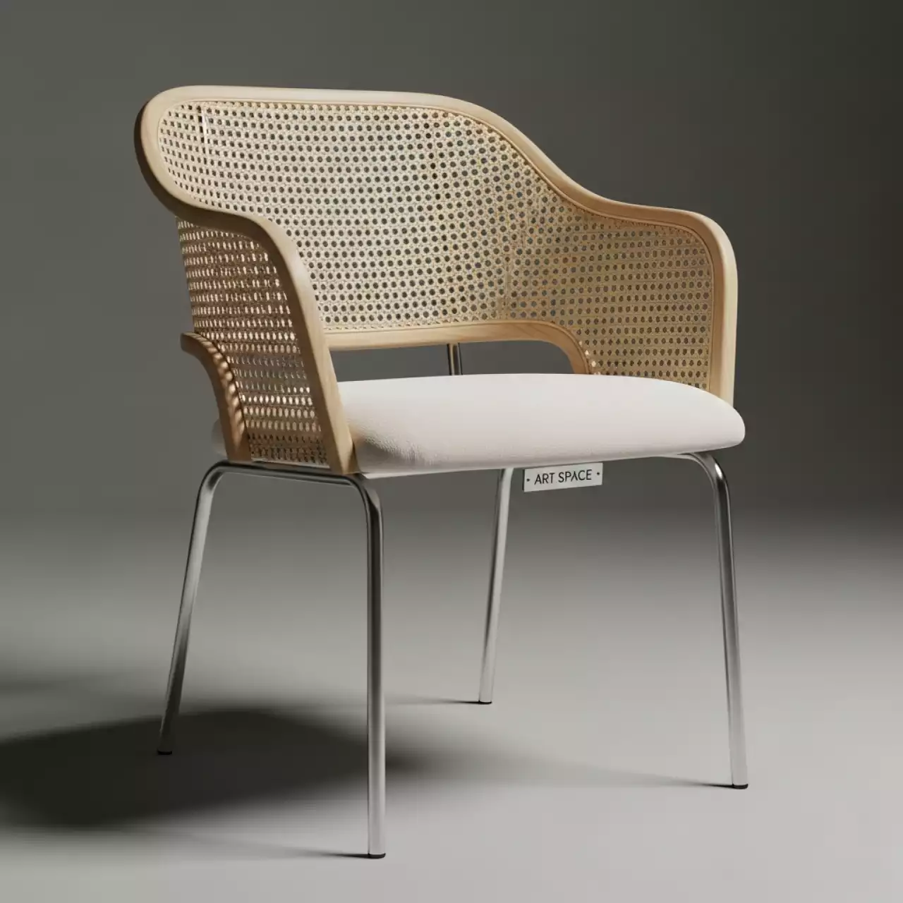 Аренда Стул Тотем серебряный сливочно молочный бархат с натуральной ротанговой спинкой в ресторане «Плакучая Ива» — ART SPACE