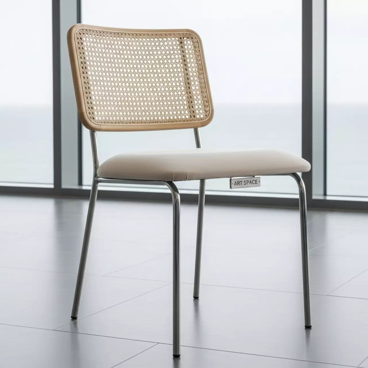 Аренда Стул Тотем серебряный сливочно молочный бархат с ротанговой спинкой в комплексе Sea Galaxy — ART SPACE