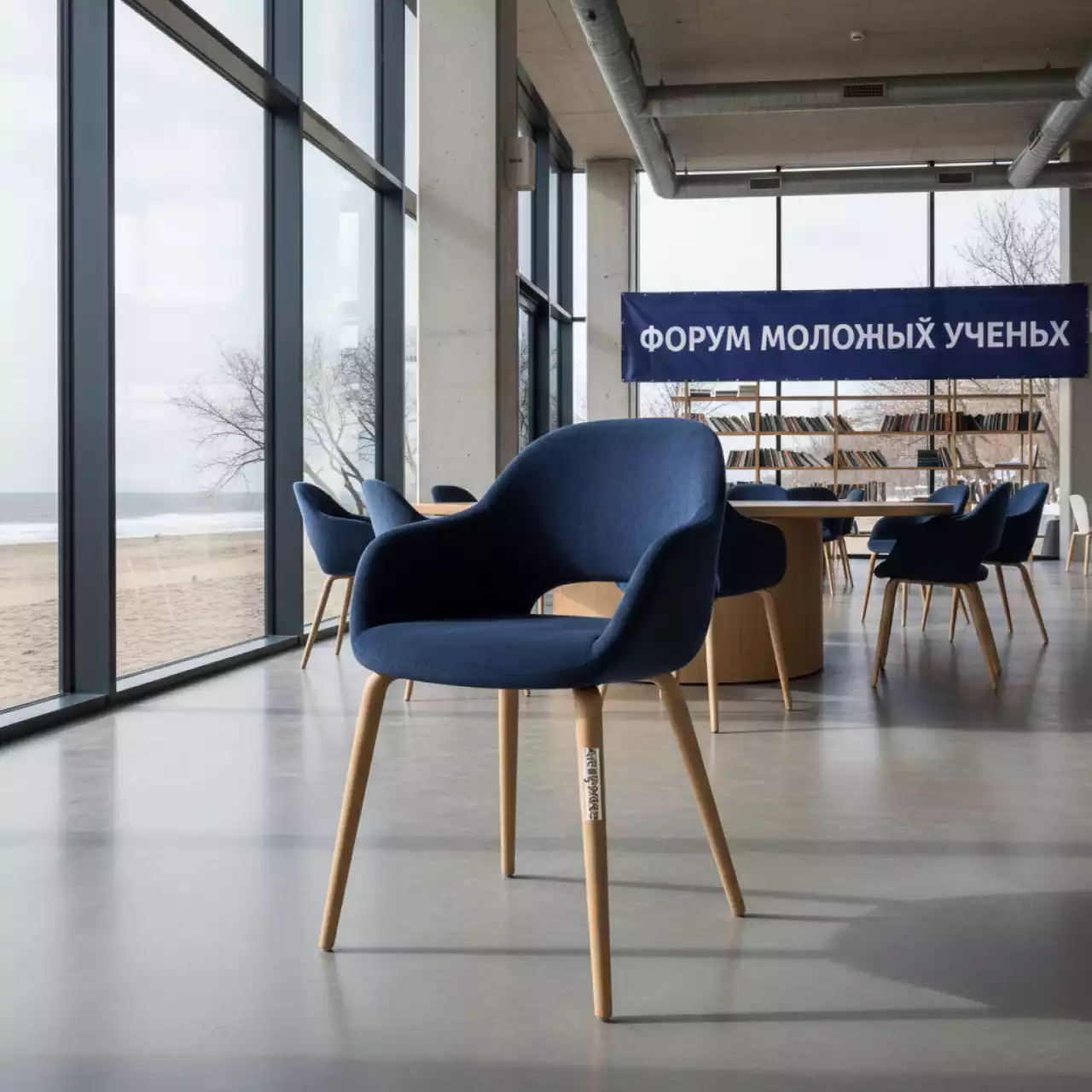 Аренда Стул Тюльпан полубарный синий велюр Bella бежевые ножки в пляжном клубе Del Mar — ART SPACE