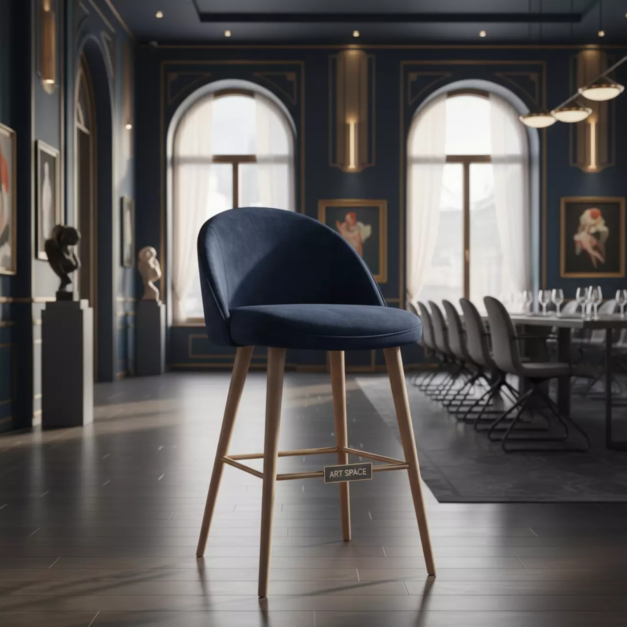 Аренда Стул Тюльпан полубарный велюр Bella синий бежевые ножки в ресторане «Магадан» — ART SPACE