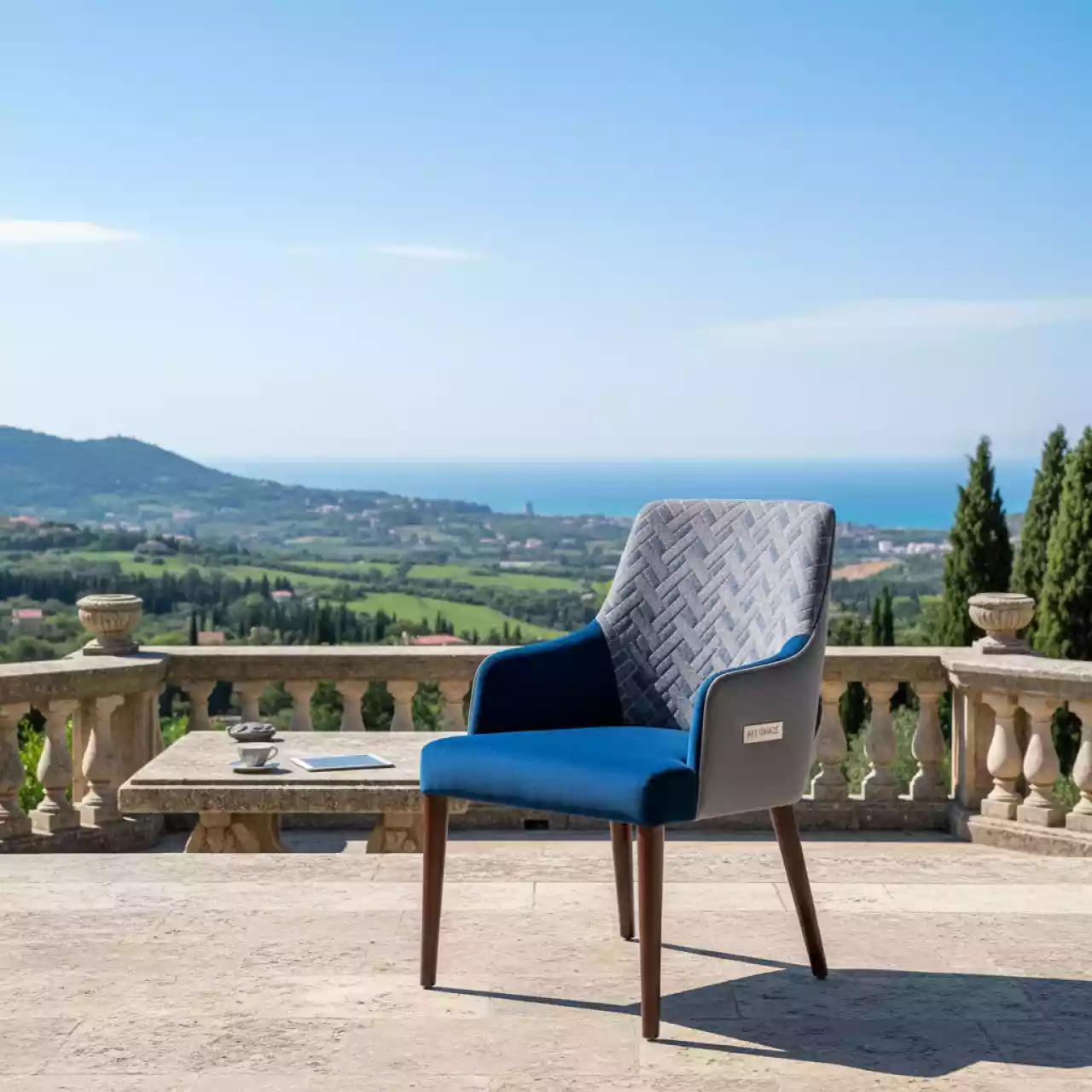 Аренда Стул Тюльпан велюр Bella спинка гобелен Геометрия деревянные ножки на вилле «Анна» — ART SPACE