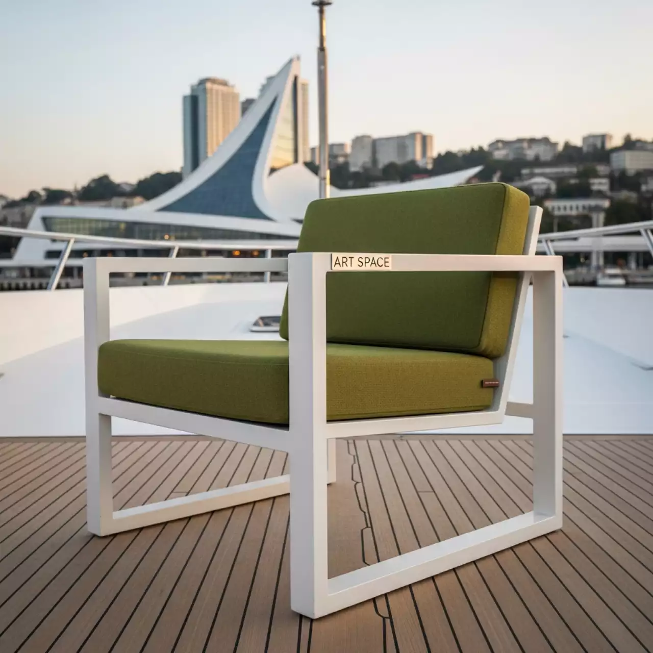 Аренда Стул UNISON белый с оливковой габардиновой подушкой на VIP теплоходе (Морпорт Сочи) — ART SPACE