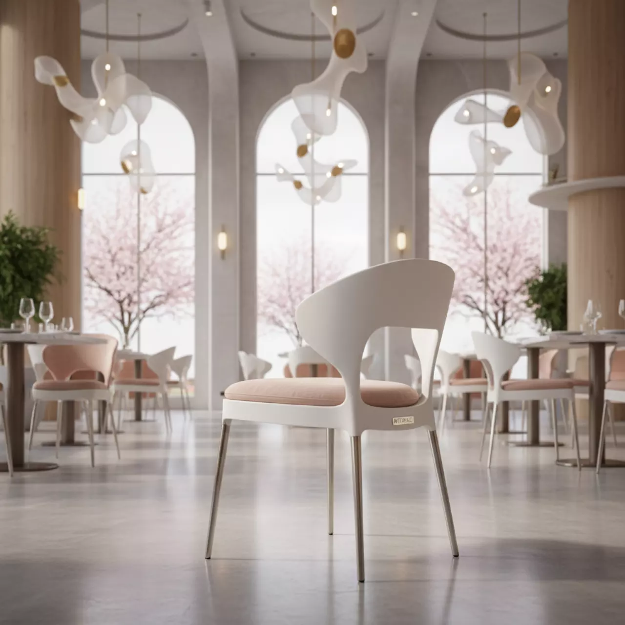 Аренда Стул УНИСОН белый с жемчужно розовой бархатной подушкой в ресторане «Voda» — ART SPACE