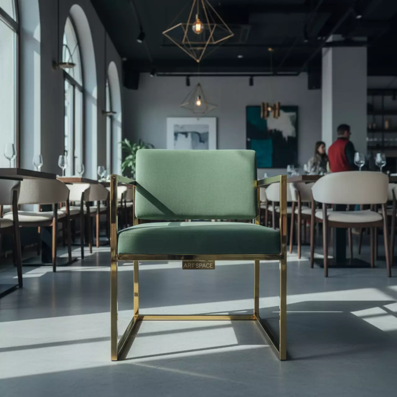 Аренда Стул Вашингтон золотой пыльно зеленые подушки из бархата в ресторане «Магеллан» — ART SPACE