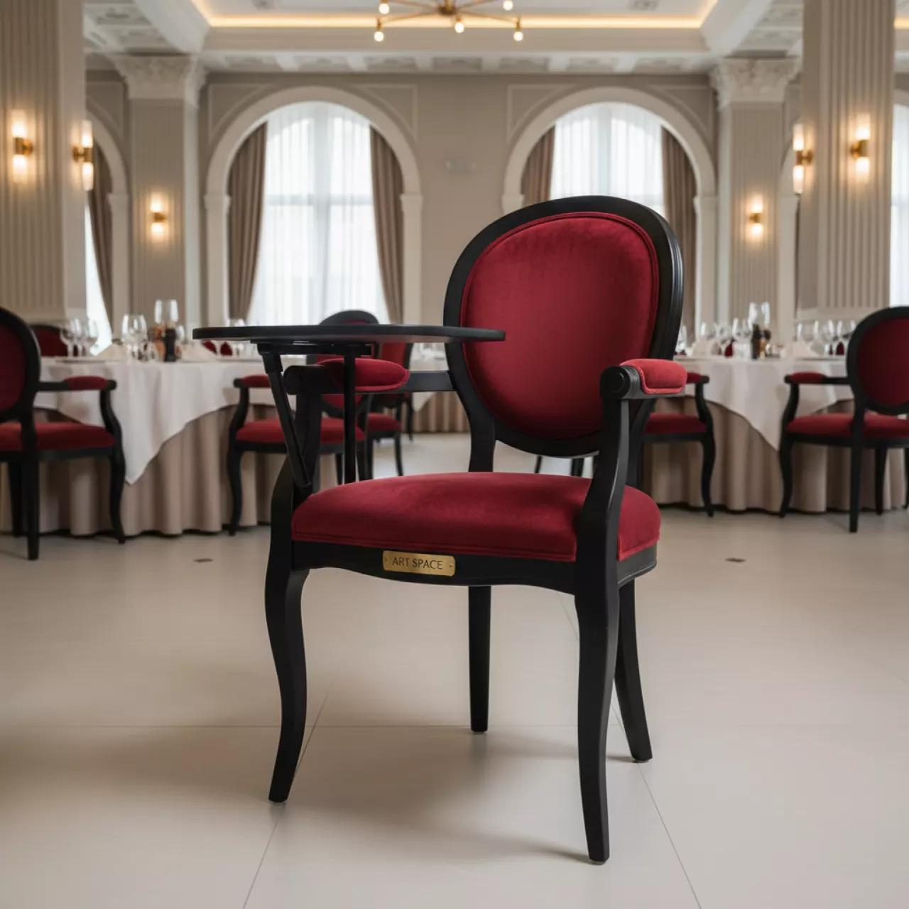 Аренда Стул Venezia на ножках с подлокотниками и столиком черный красный в ресторане «Высота 5642» — ART SPACE