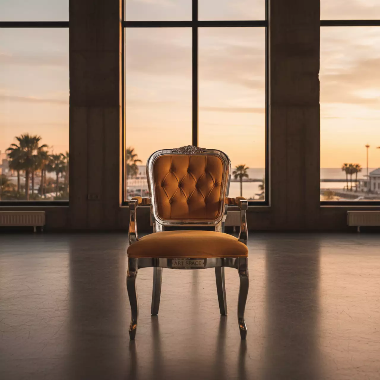 Аренда Стул Версаль серебряный с подушкой охра на территории Морпорта Сочи — ART SPACE