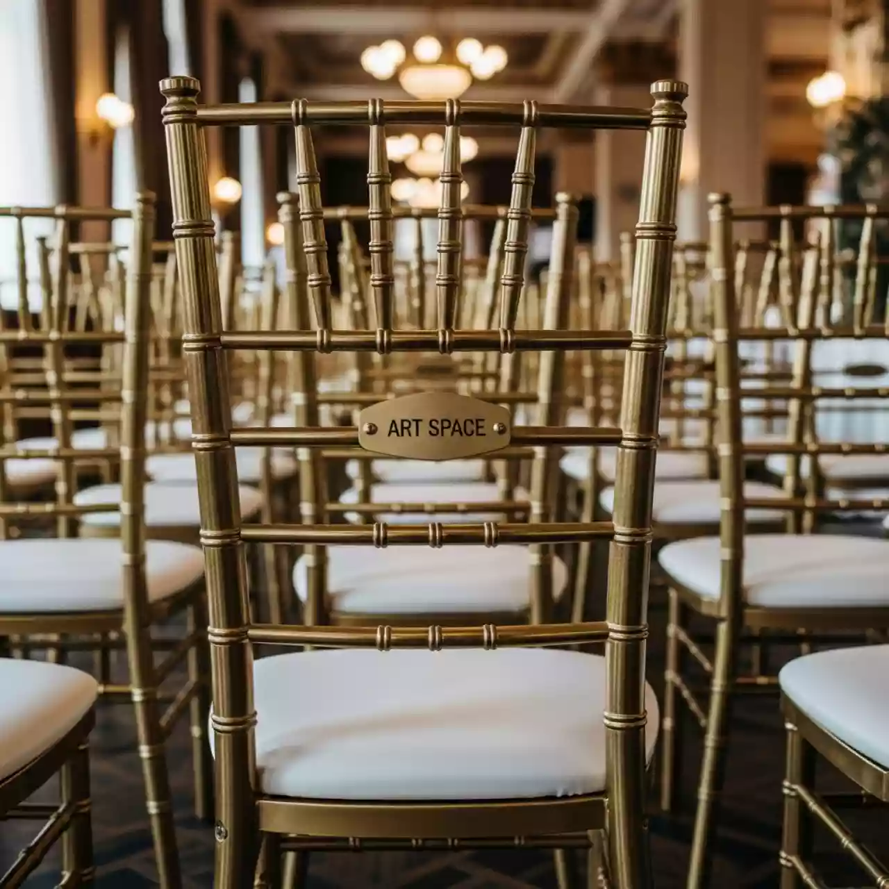 Аренда Стулья банкетные Наполеон золотой каркас белое сиденье в ресторане «Магеллан» — ART SPACE