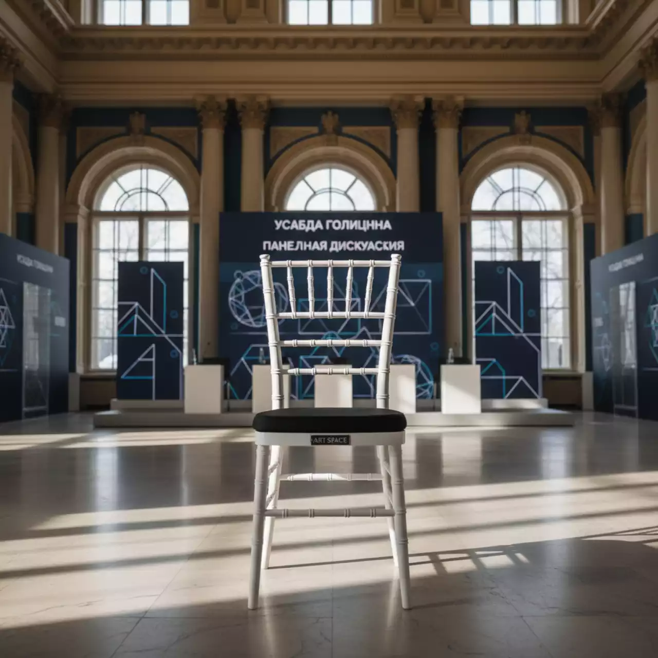 Аренда Стулья Chiavari белые из поликарбоната с черной подушкой в усадьбе Голицына — ART SPACE