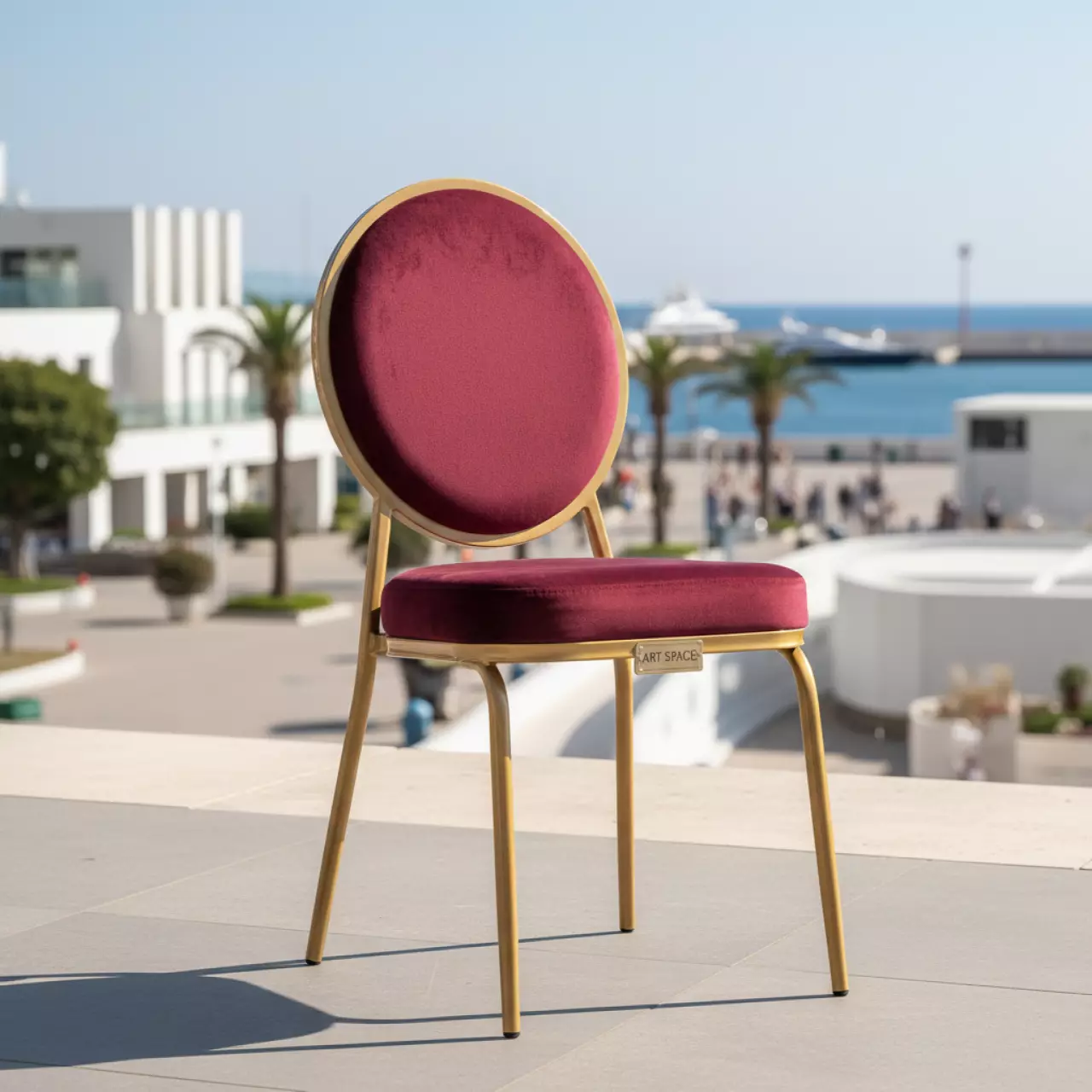 Аренда Стул золотой ОКТАВА бордовый бархатный на территории Морпорта Сочи — ART SPACE
