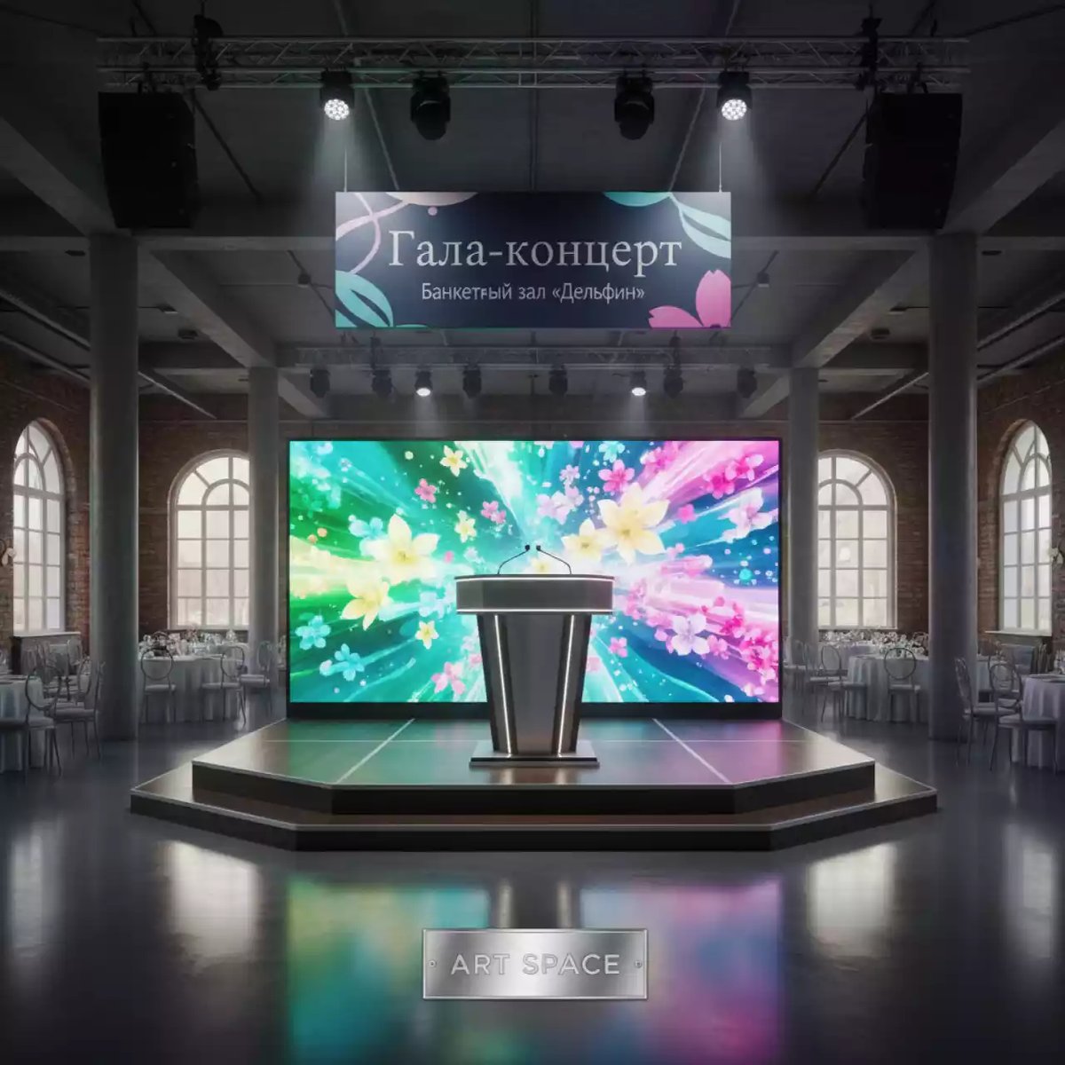 Аренда Светодиодного экрана 4х3 м и подиума в банкетном зале «Дельфин» — ART SPACE