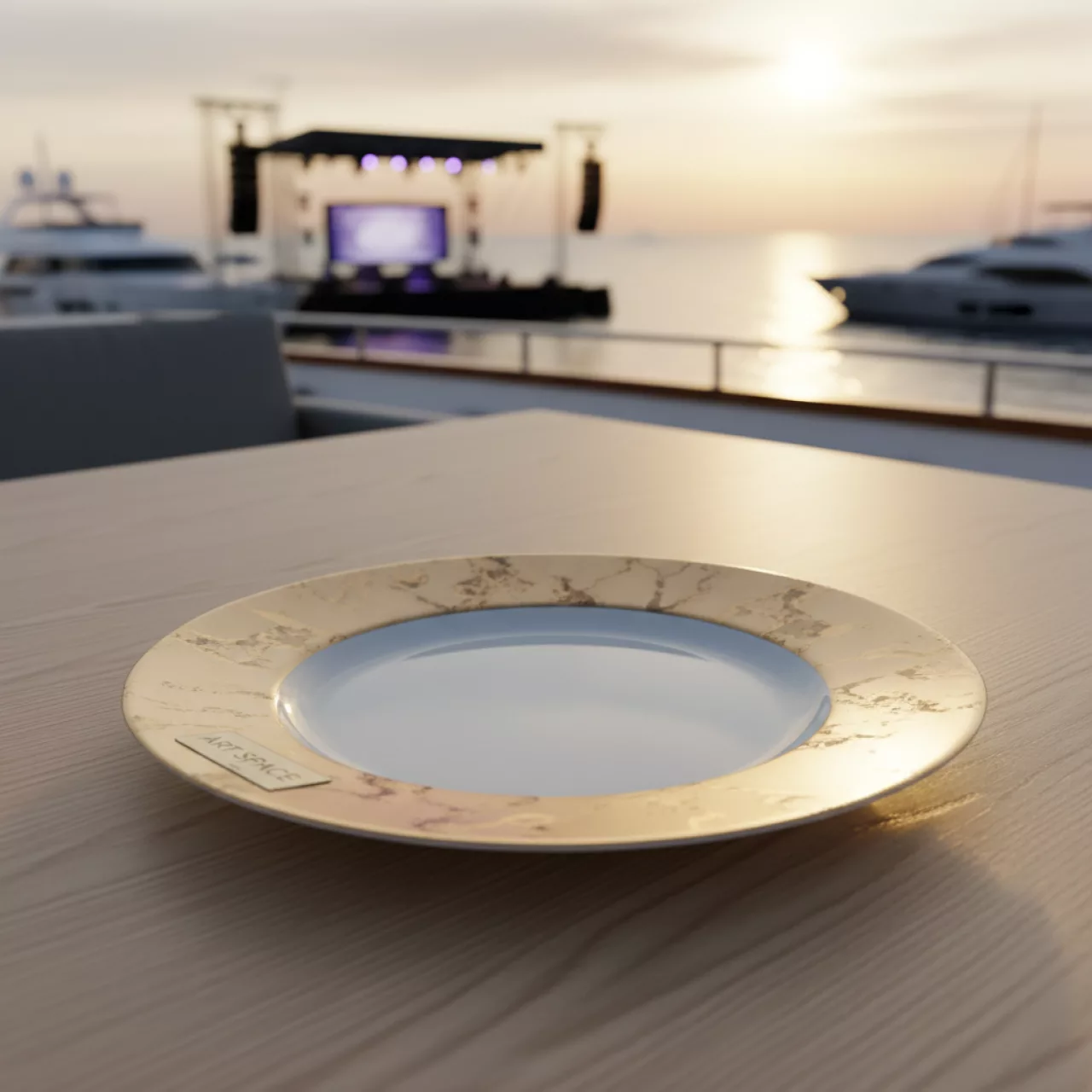 Аренда Тарелка белая с мраморно золотым ободком на VIP-яхте (Имеретинский порт) — ART SPACE