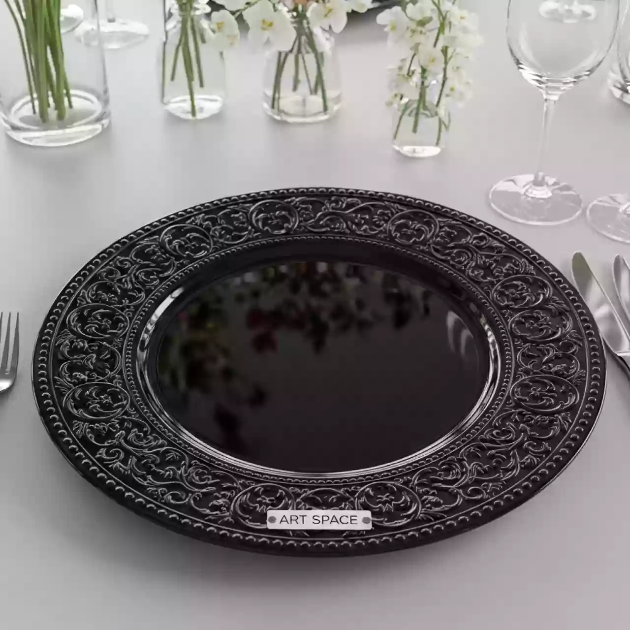 Аренда Тарелка подстановочная черная Барокко 35 см в Сочи Парк Отеле — ART SPACE
