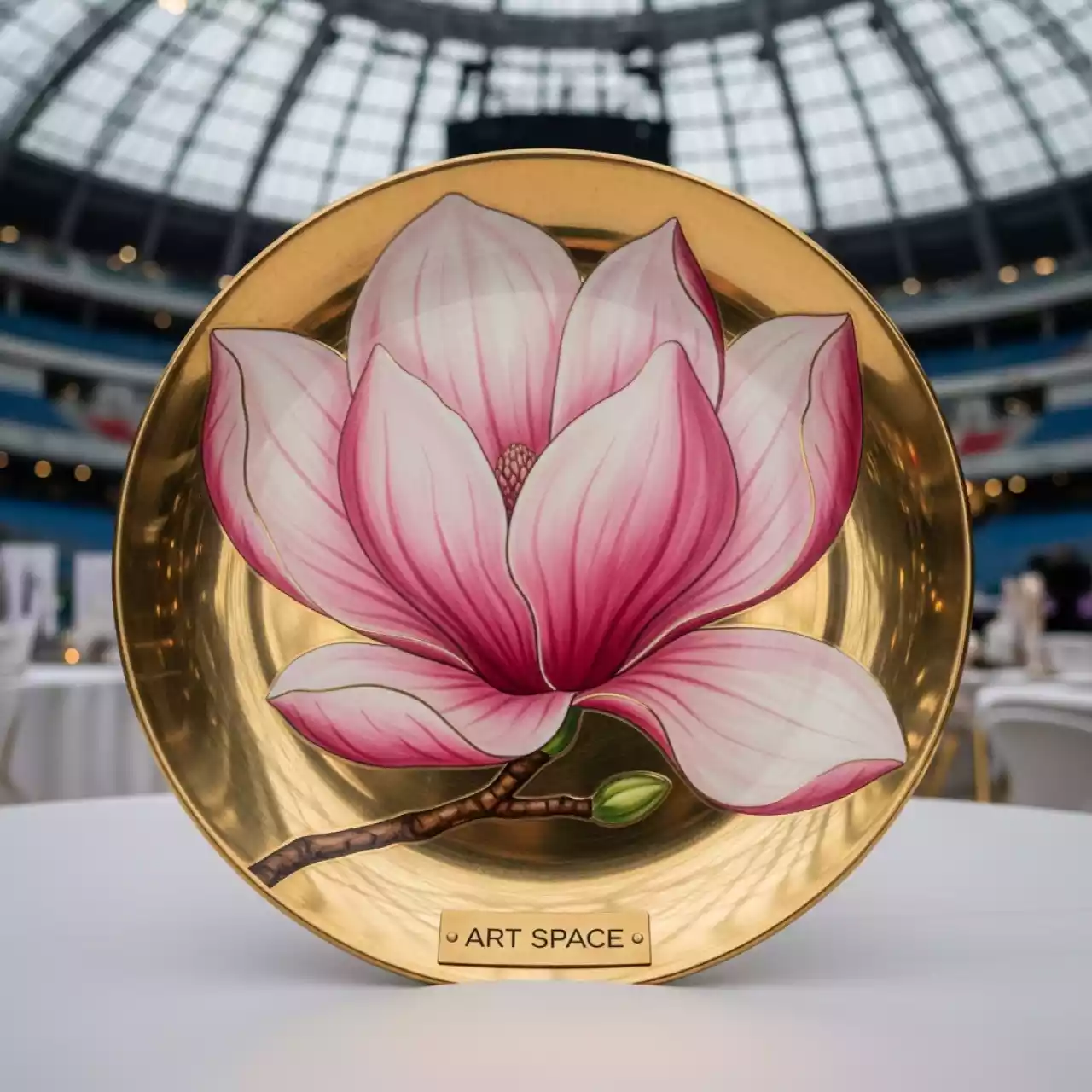 Аренда Тарелка подстановочная Магнолия розовая с золотой каймой 25,5 см высота 3,5 см в ледовом дворце «Большой» — ART SPACE