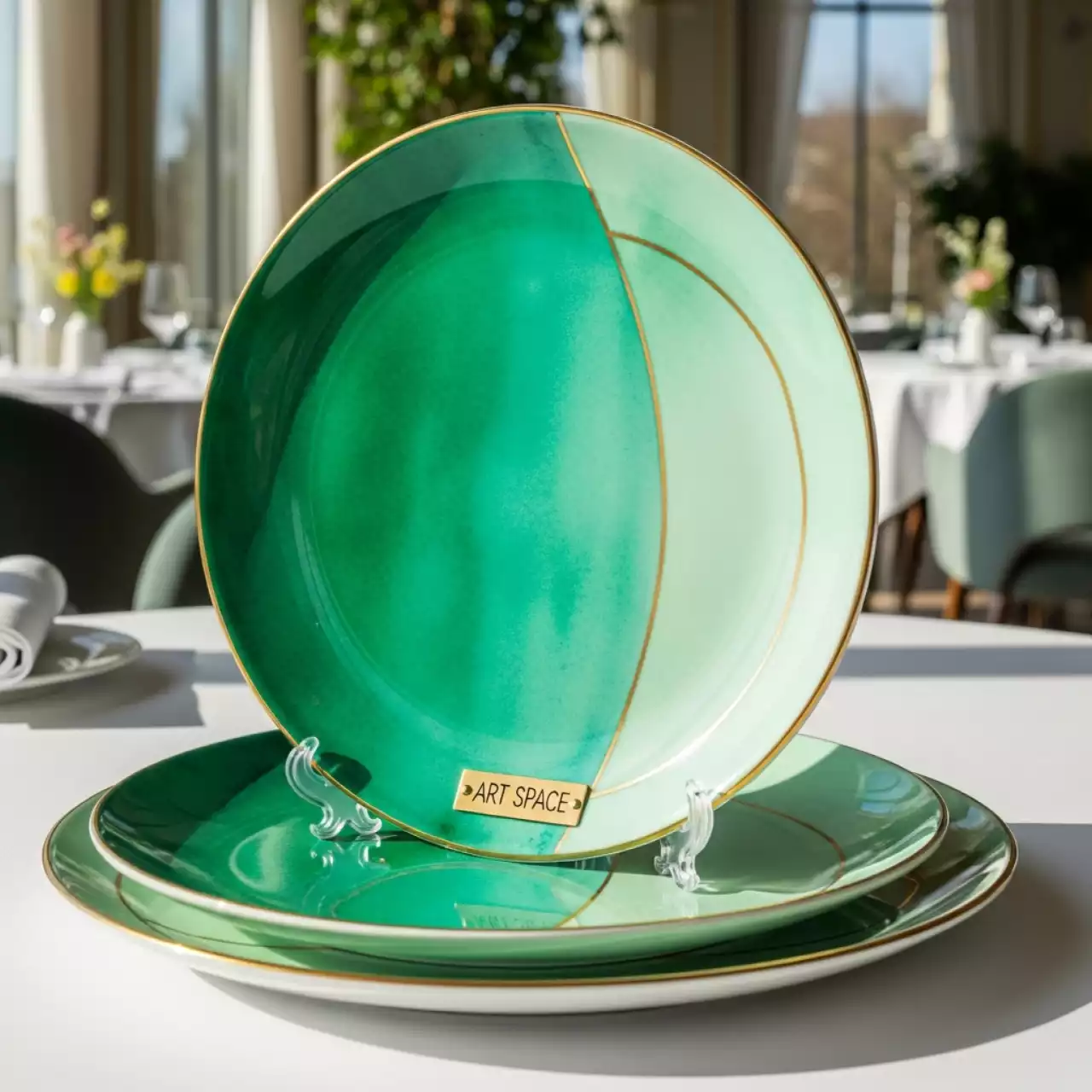 Аренда Тарелки АКВАРЕЛЬ зеленые набор из 2 в ресторане «La Terrazza» — ART SPACE