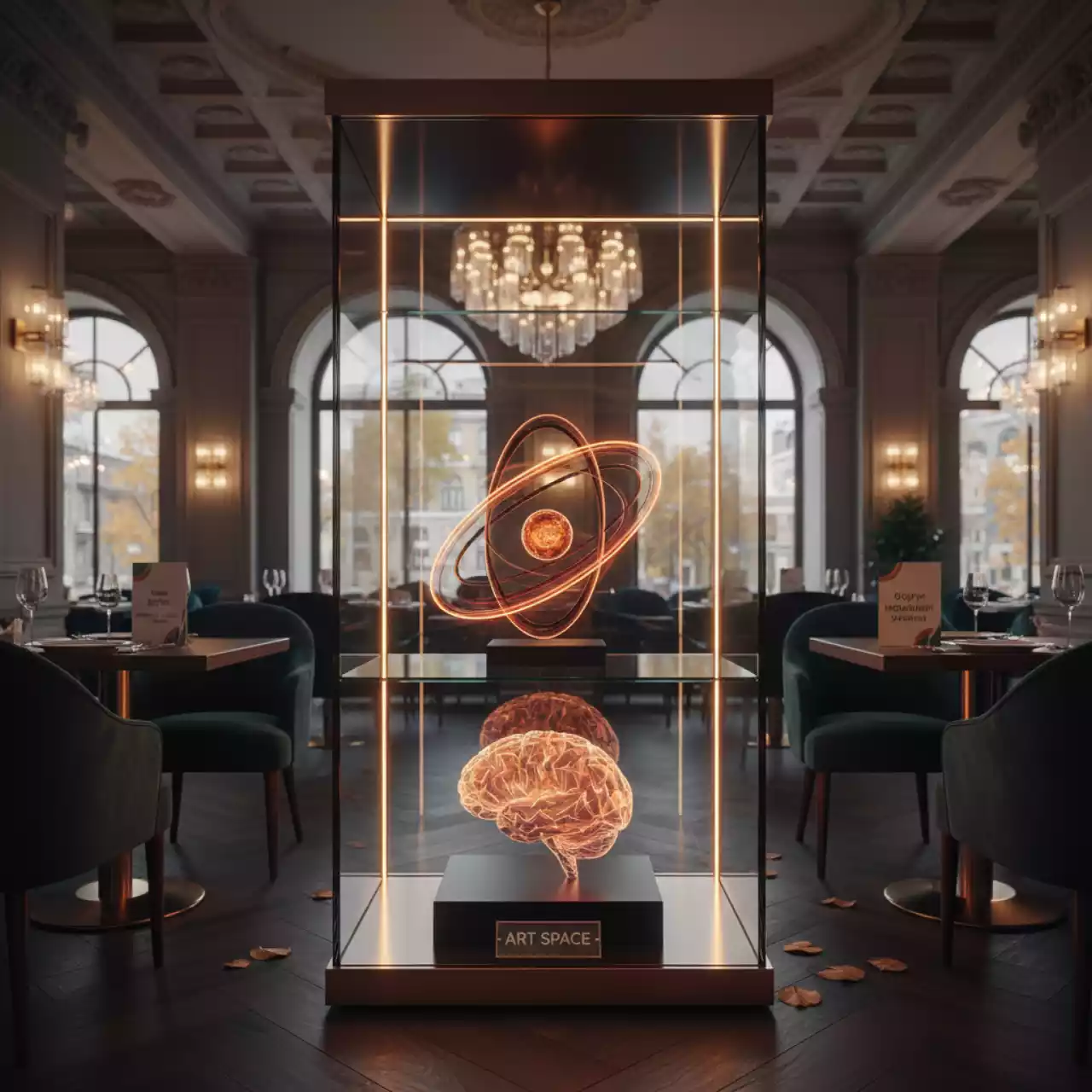 Аренда Витрина стеклянная с 2 полками 150х40х40 см в ресторане «Паруса» — ART SPACE