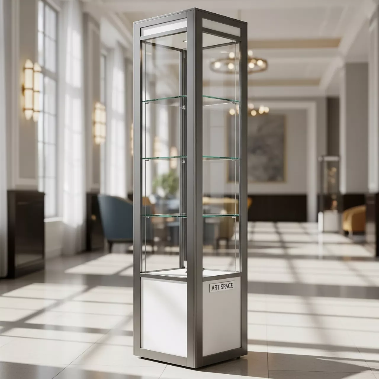 Аренда Витрина узкая высокая белая серый конструктив в Green Flow Hotel — ART SPACE