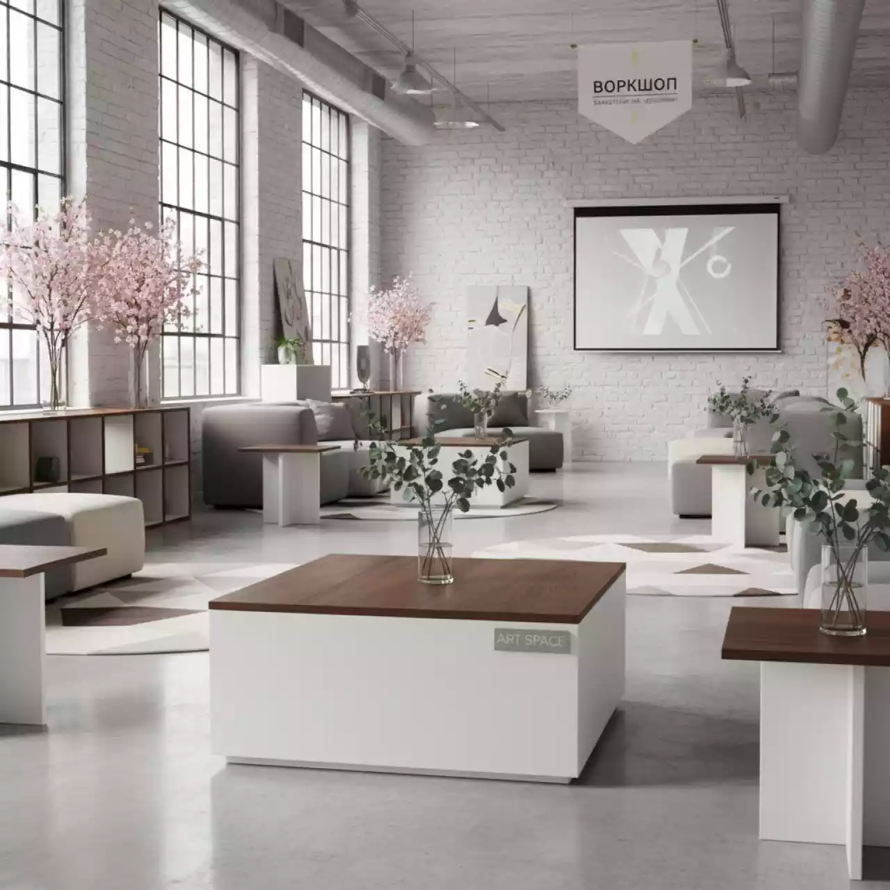 Аренда Журнальный стол Cube белый с коричневой столешницей в банкетном зале «Дельфин» — ART SPACE