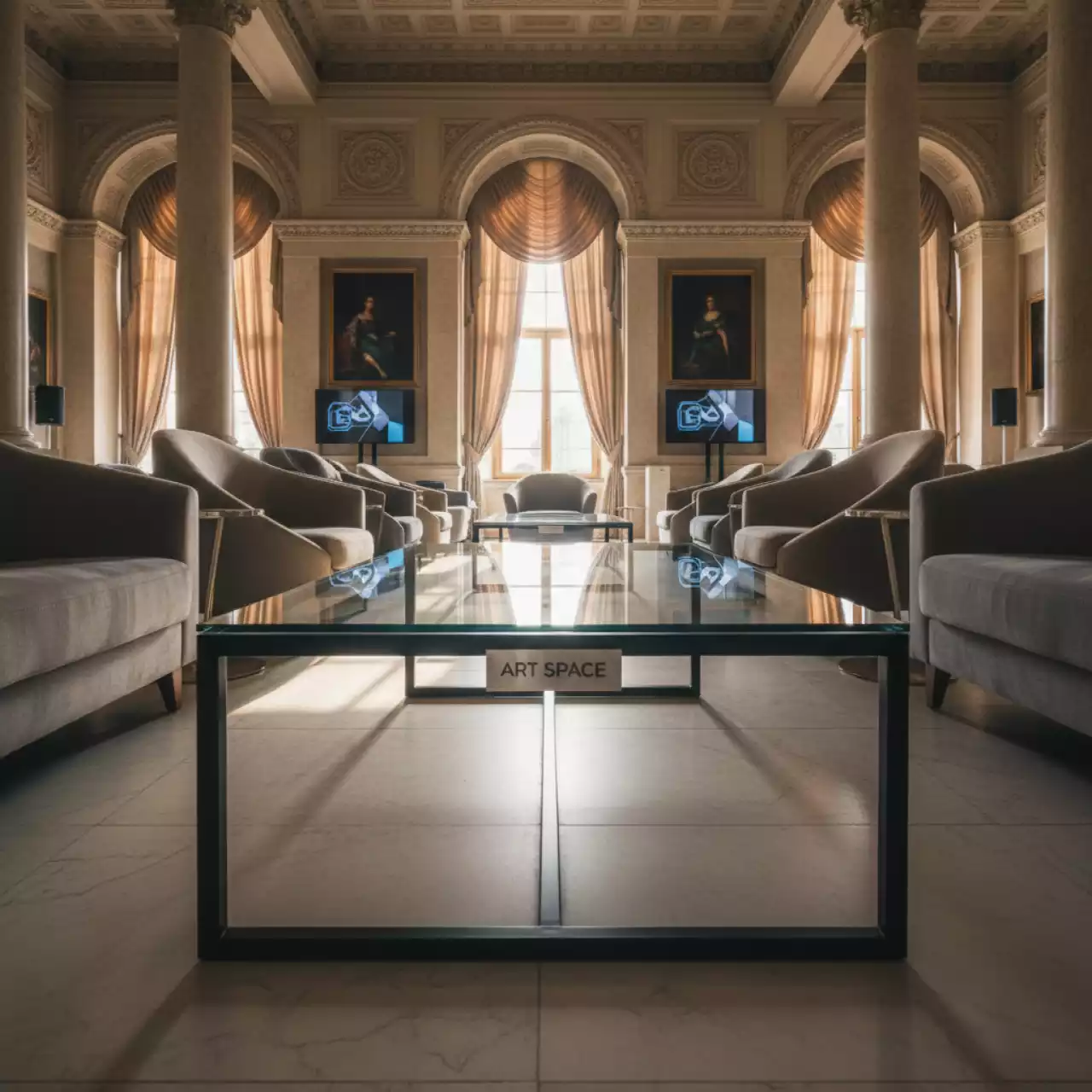 Аренда Журнальный стол Cube Long с прозрачной столешницей в отеле «Богатырь» — ART SPACE