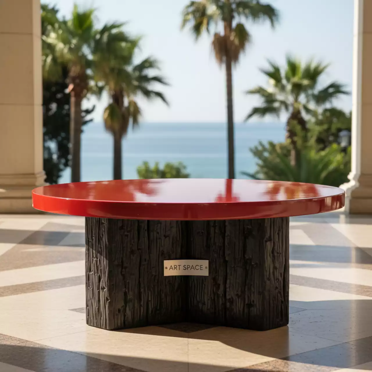 Аренда Журнальный стол обожженное дерево с красной столешницей в санатории «Сочи» — ART SPACE