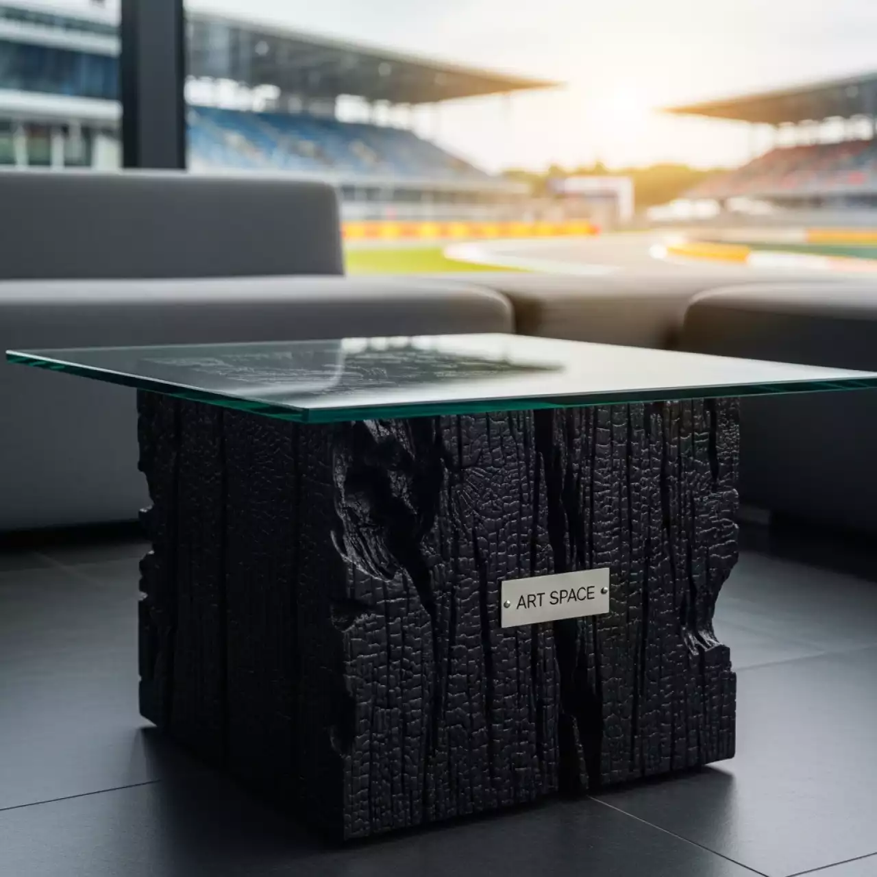 Аренда Журнальный стол обожженное дерево с прозрачной столешницей на Сочи Автодроме — ART SPACE