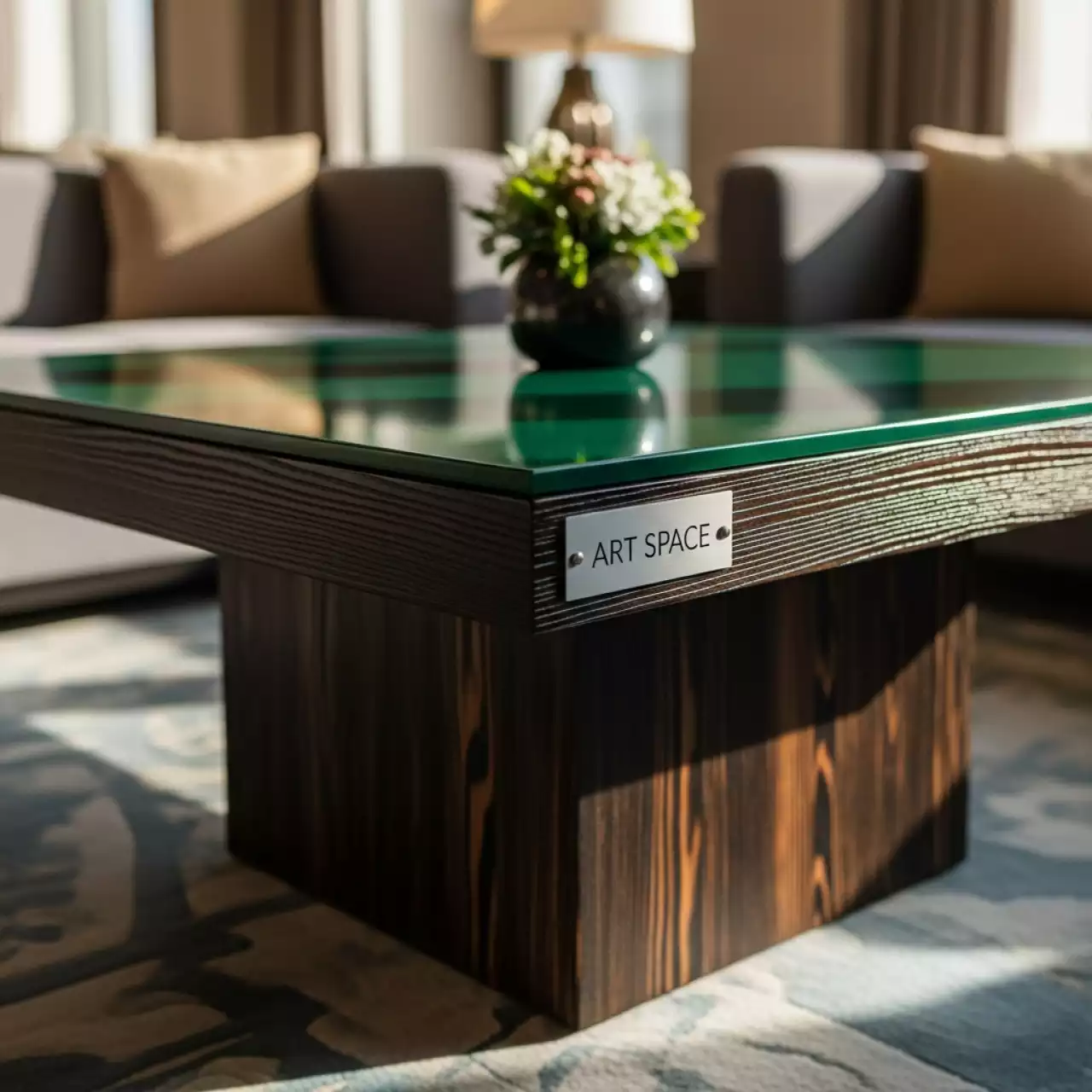 Аренда Журнальный стол обожженное дерево с зеленой столешницей в Grand Karat Sochi — ART SPACE