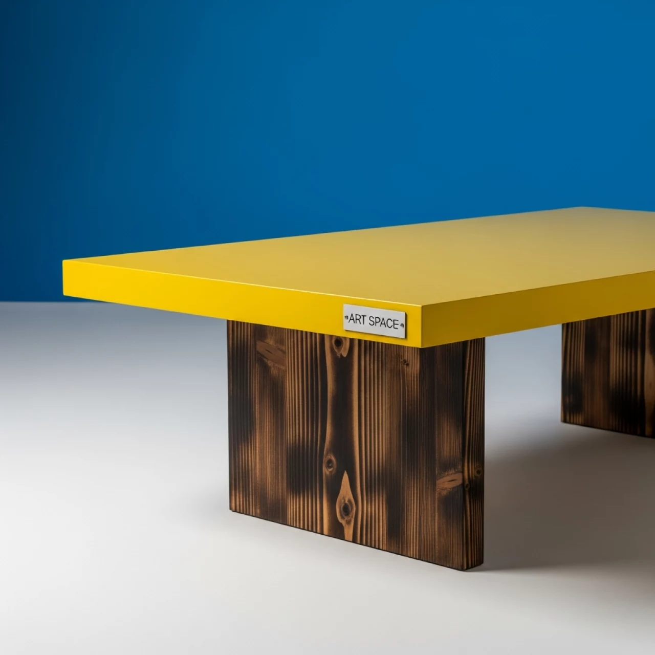 Аренда Журнальный стол обожженное дерево с желтой столешницей в Alpha Sirius — ART SPACE