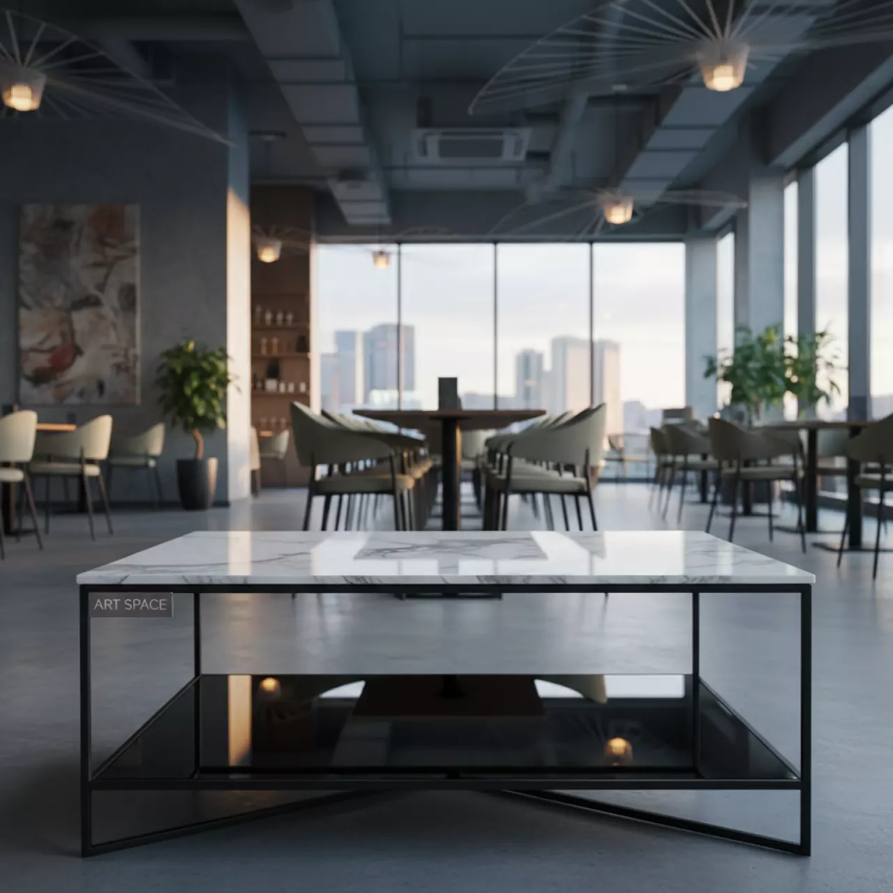Аренда Журнальный столик Френсис белый мрамор стекло черный в ресторане «Voda» — ART SPACE