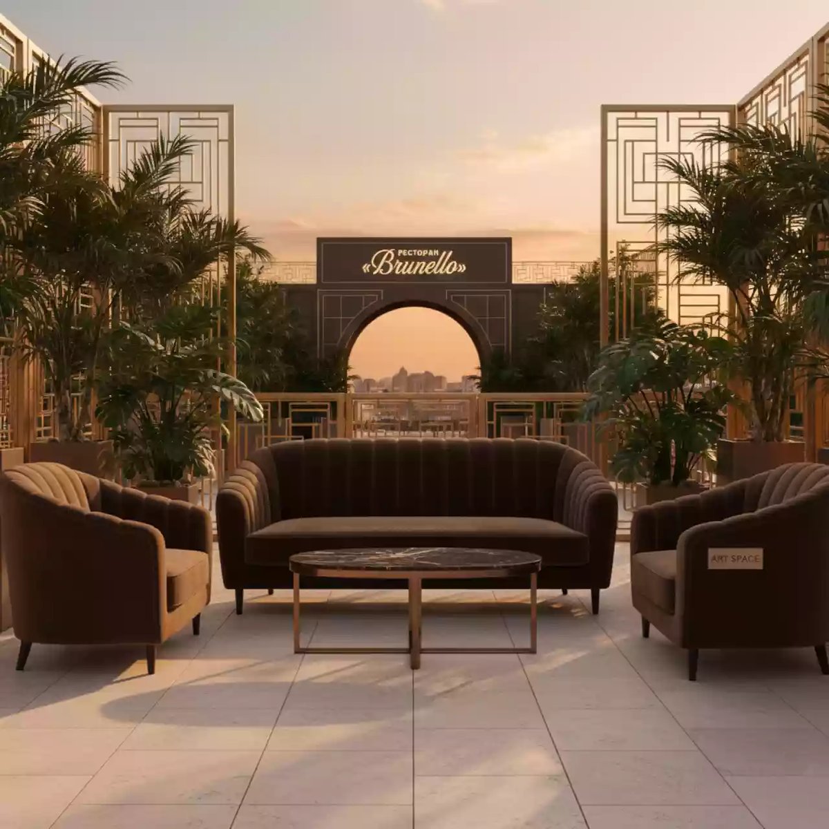 Аренда Зона лаунж KARL с трехместным диваном коричневая в ресторане «Brunello» — ART SPACE