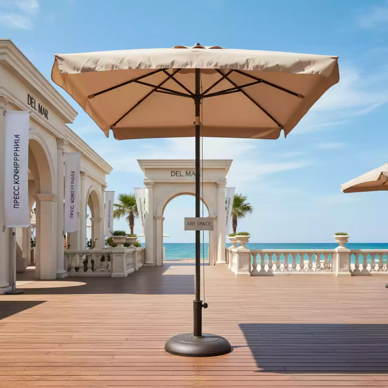 Аренда Зонт квадратный с воланом MISTRAL 300 база в комплекте бежевый в пляжном клубе Del Mar — ART SPACE