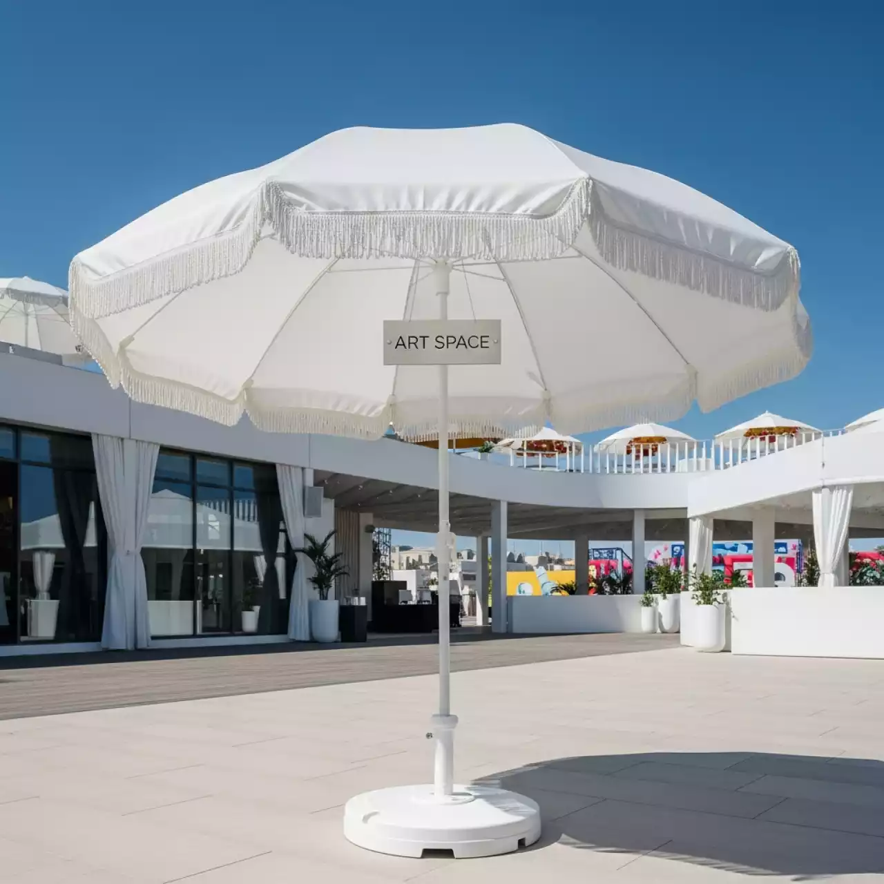 Аренда Зонт MISTRAL 300 круглый с воланом белый база в комплекте в Сочи Парк Отеле — ART SPACE