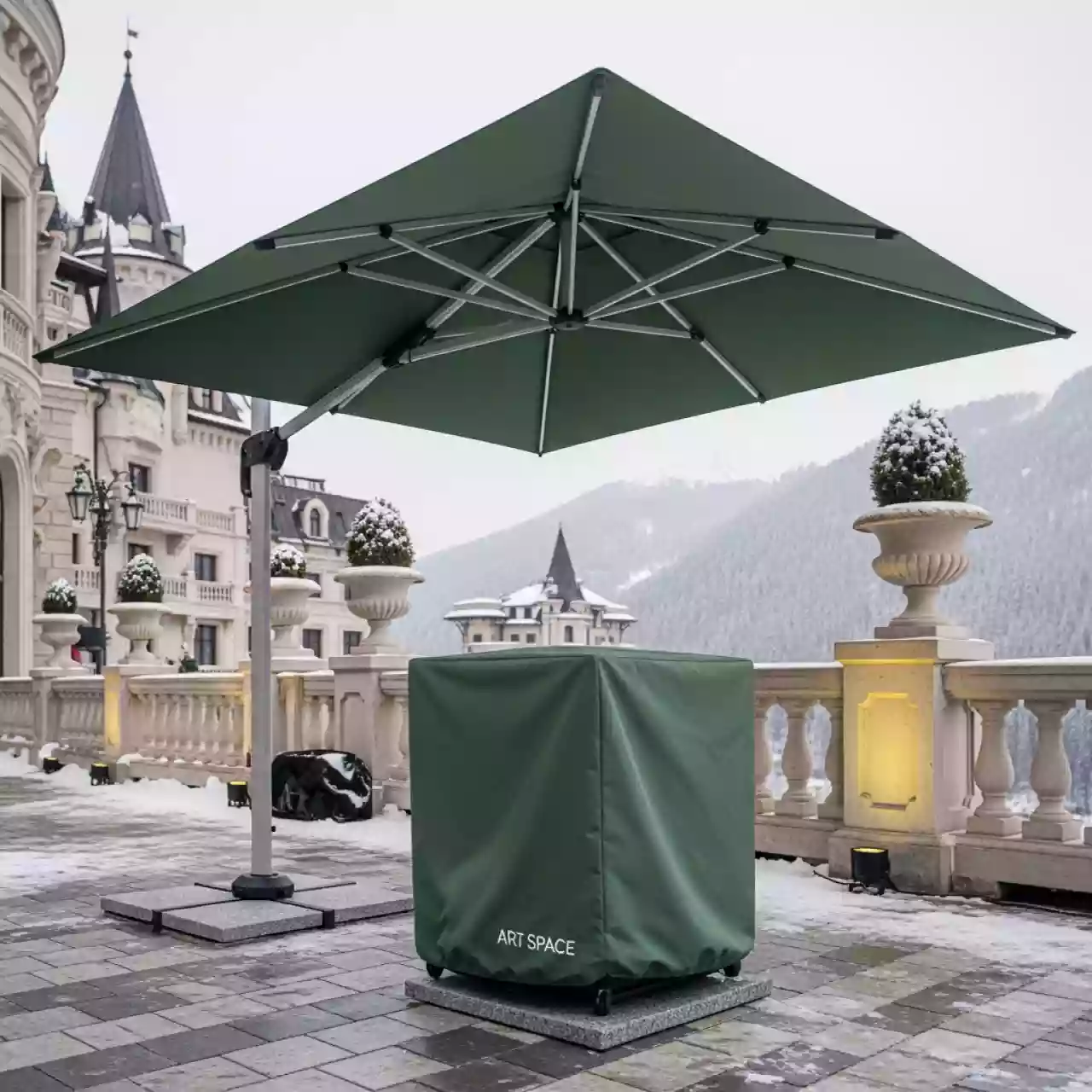 Аренда Зонт MISTRAL 300 квадратный зеленый база в комплекте в отеле «Богатырь» — ART SPACE