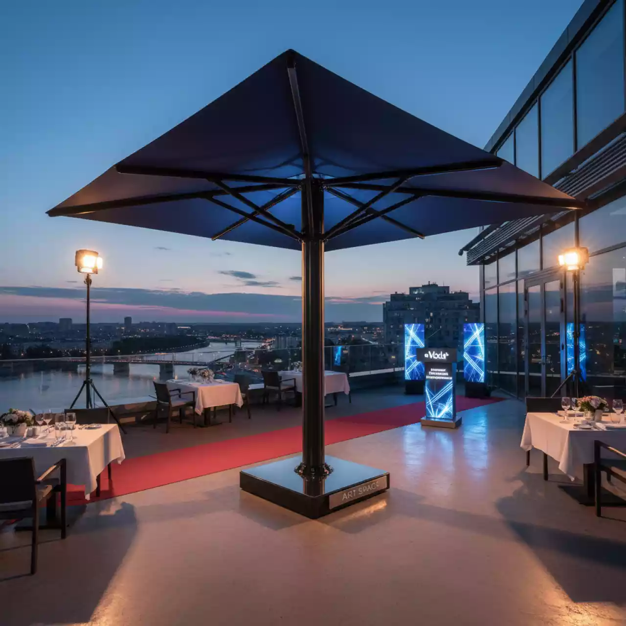 Аренда Зонт профессиональный четырехкупольный Galaxia Quattro Carbon 6х6 м в ресторане «Voda» — ART SPACE