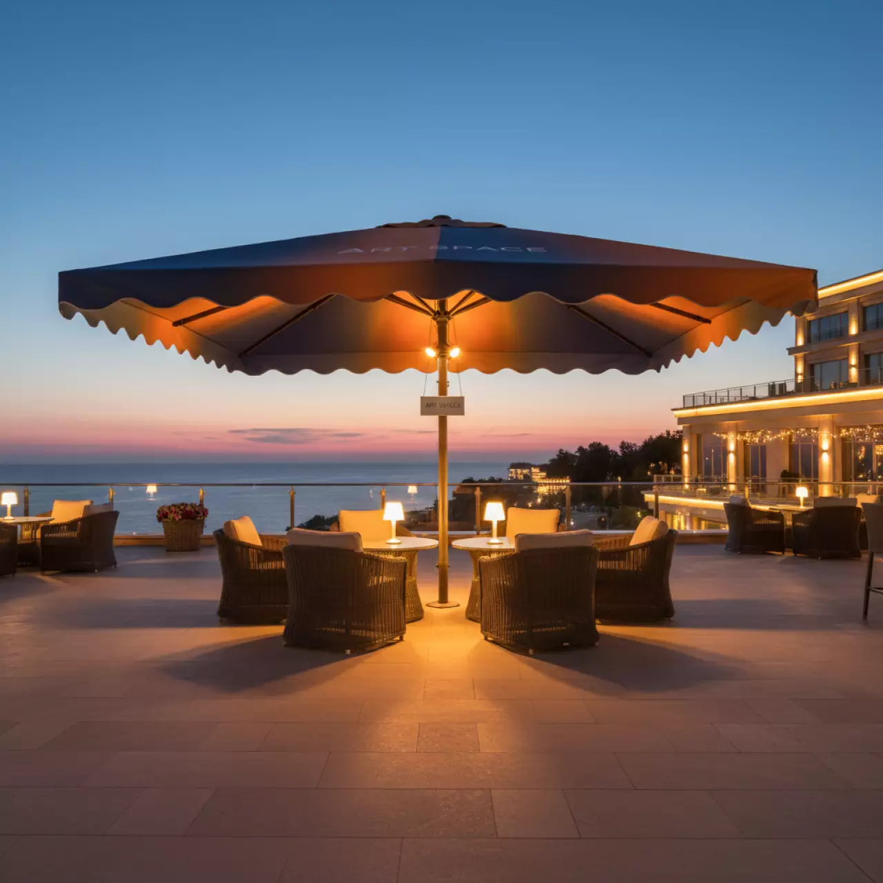 Аренда Зонт профессиональный Leonardo Telescopic 3,5x3,5 м с воланом в комплексе Sea Galaxy — ART SPACE