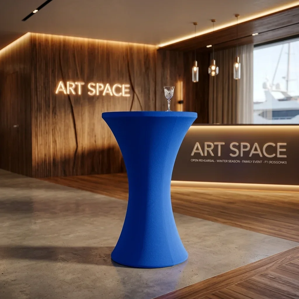 Аренда Коктейльный стол с синим чехлом в Сочи | ART SPACE