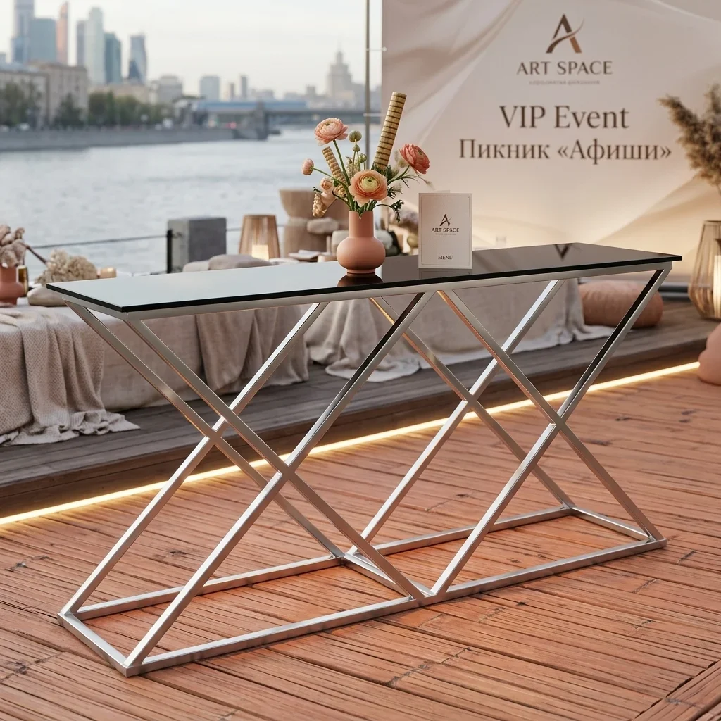 Аренда серебристого фуршетного стола Double X-Loft в Сочи